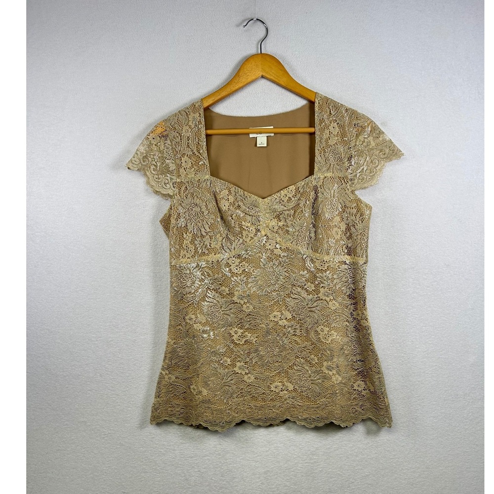 Ann Taylor Loft Lace Blouse Women 6 Gold Metallic Shimmer Cap Sleeve Square Neck